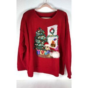 Vintage 90s Christmas Sweater 3D Embroidered Scene Red